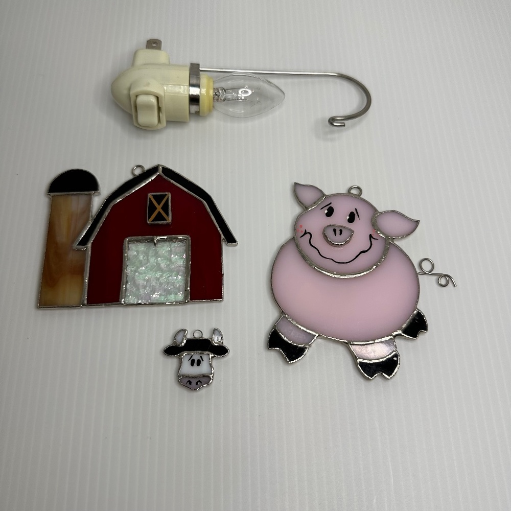 Lot Switchables Stained Glass Night Light, Large Pig, Barn,Small Cow